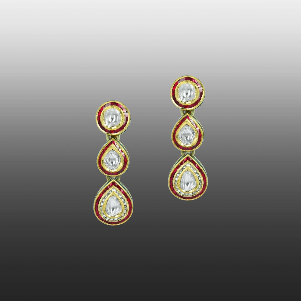 Polki Earrings with Red Stones, Green Enamel, and Teardrops